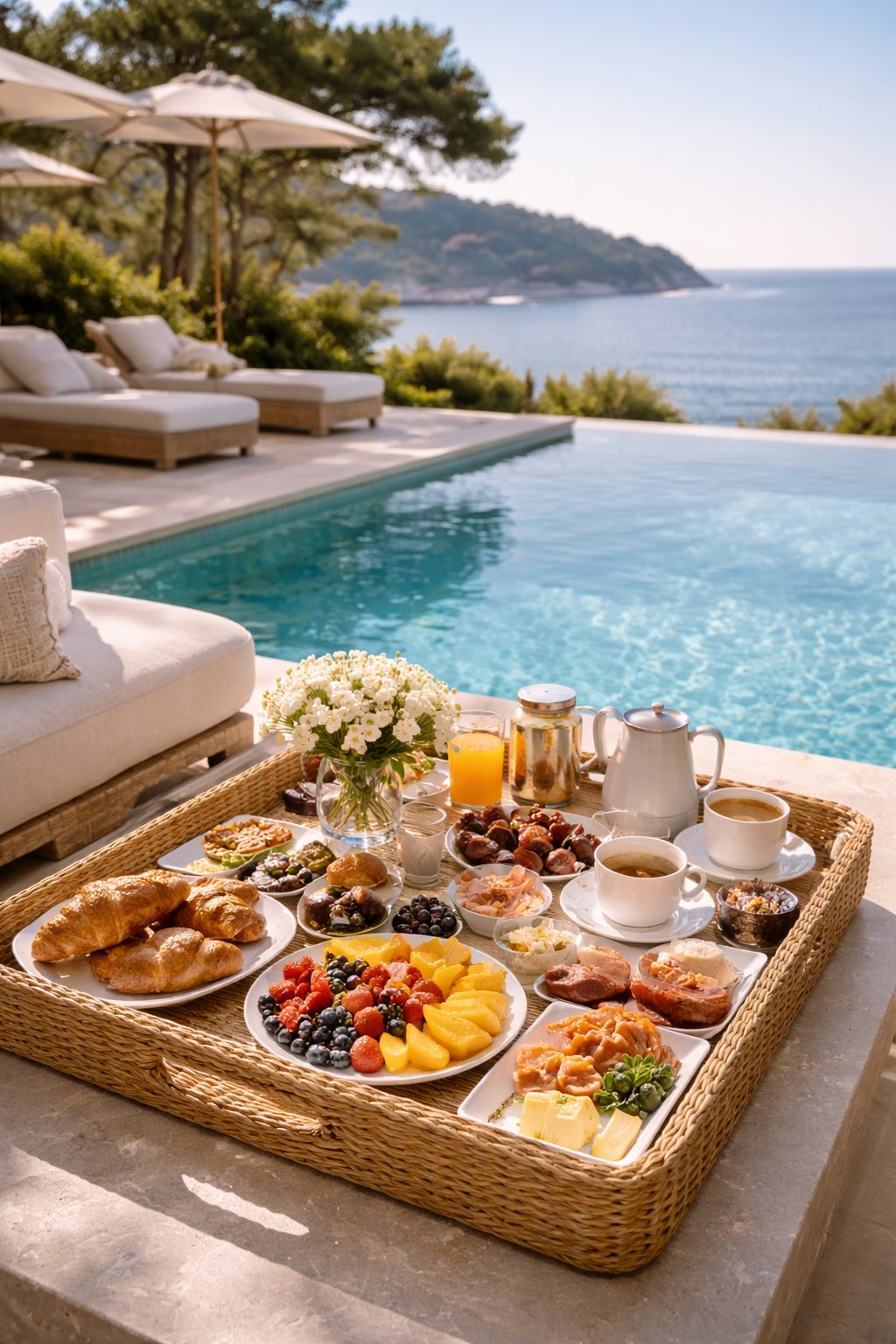 Petit-déjeuner dressé en terrasse face à la mer