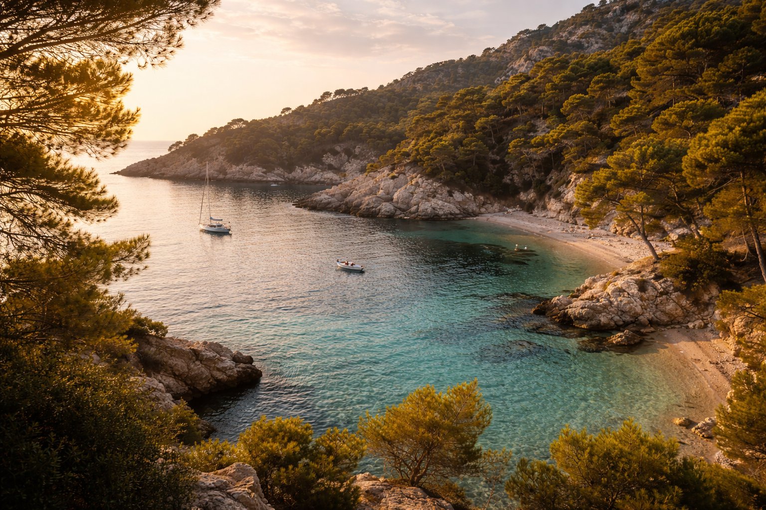 Calanque du littoral varois au soleil couchant